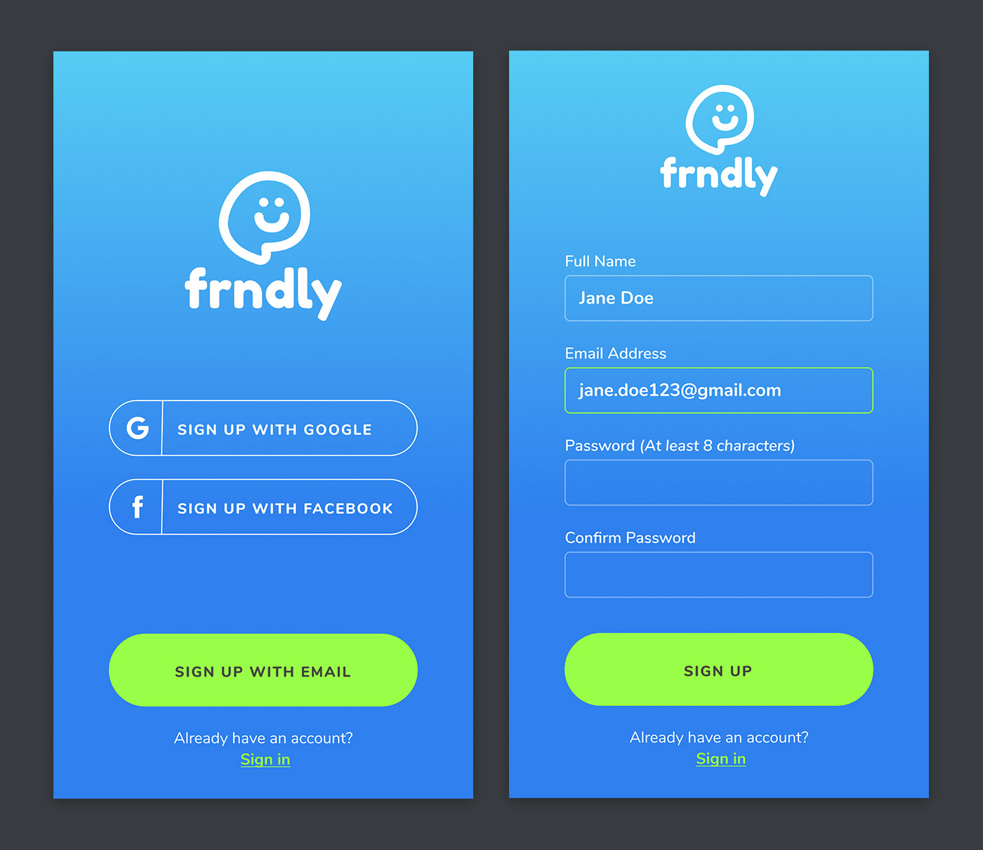 chat sign up screens