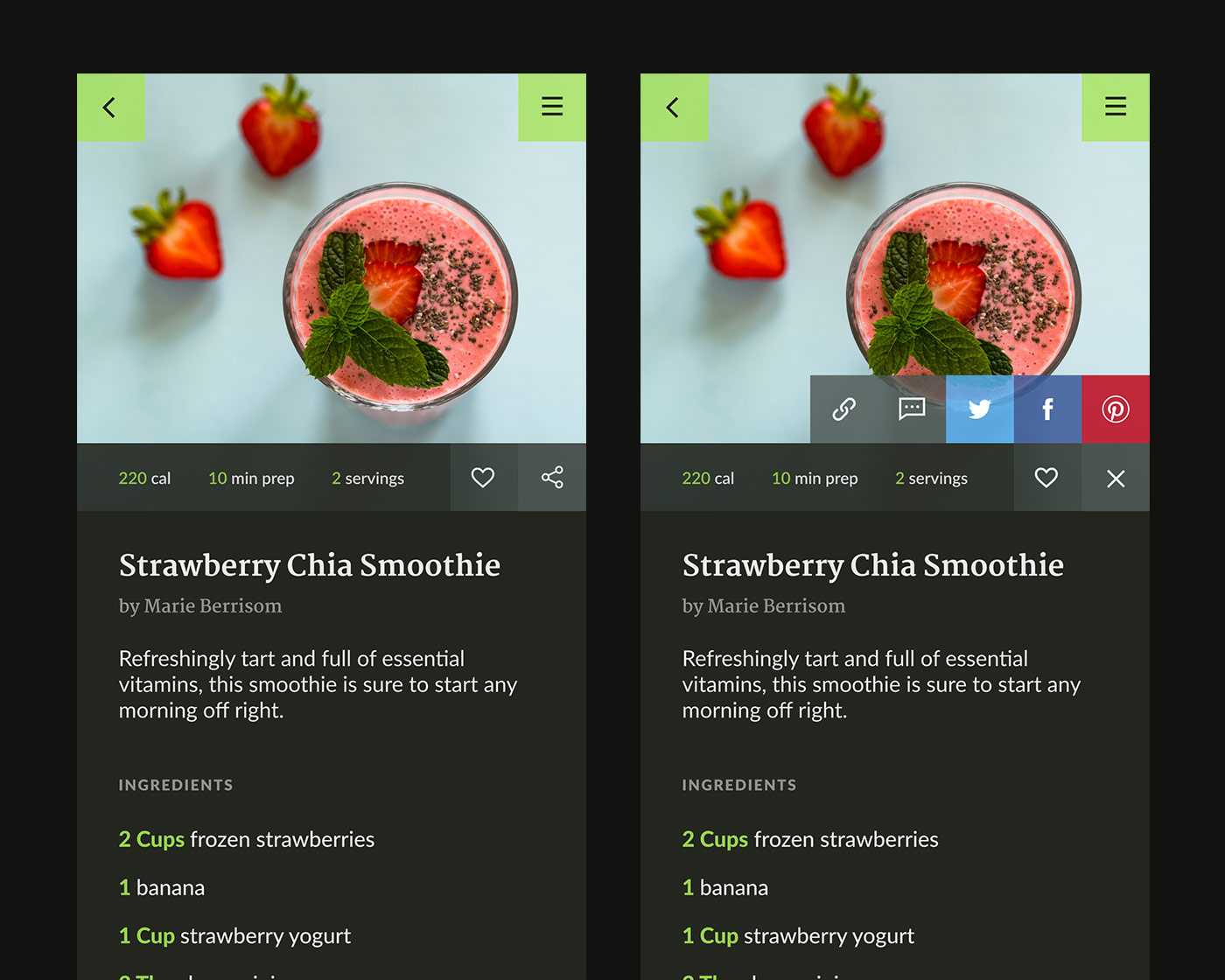 recipe app social share modal